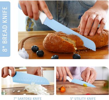 Набір ножів Hecef 14 предметів у блоці, з антипригарним покриттям, для миття в посудомийній машині, самозаточуваний блок, ергономічні ручки, кухонний набір для будь-якої кухні (блакитний)