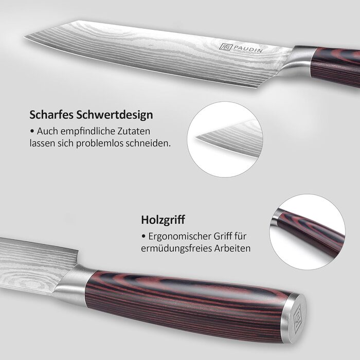 Японський ніж Santoku від Paudin, 20 см, Kiritsuke, з високоякісної сталі, ергономічна ручка, для м'яса, риби та овочів