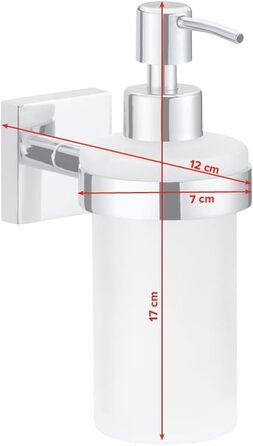 tesa EKKRO Soap Dispenser Set, satinized glass and chrome-plated stainless steel - Wall-mounted liquid soap dispenser without drilling, including adhesive solution - 70mm x 170mm x 125mm