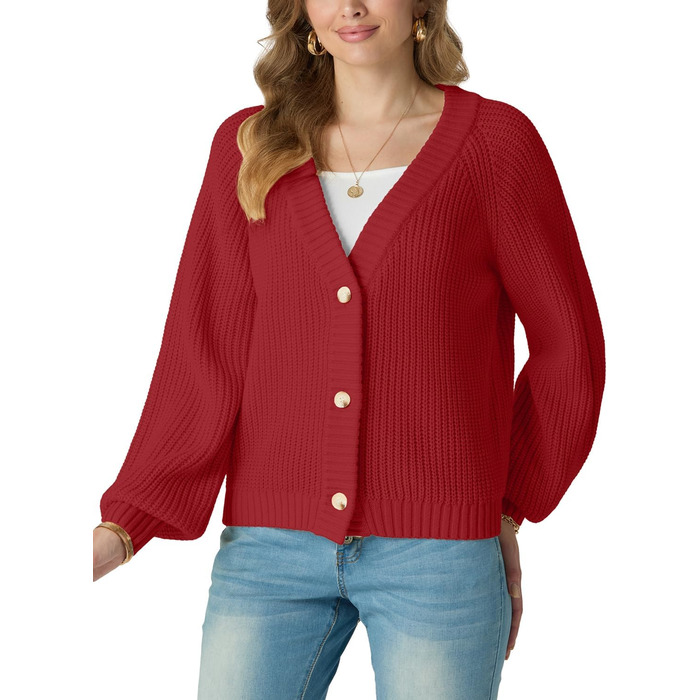 Жіночий в'язаний кардиган GRECEREE з V-подібним вирізом та ґудзиками, з кишенями (червоний, M)