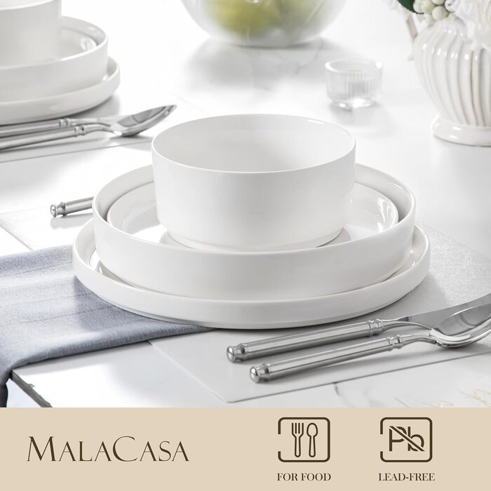 MALACASA, Leah Series, Dinnerware Set for 4 People, 12-Piece Porcelain Tableware Set Combination Set White, Dishware with Raised Edge consisting of 4x Dinner Plates, 4x Dessert Plates, 4x Cereal Bowls White, 12-Piece