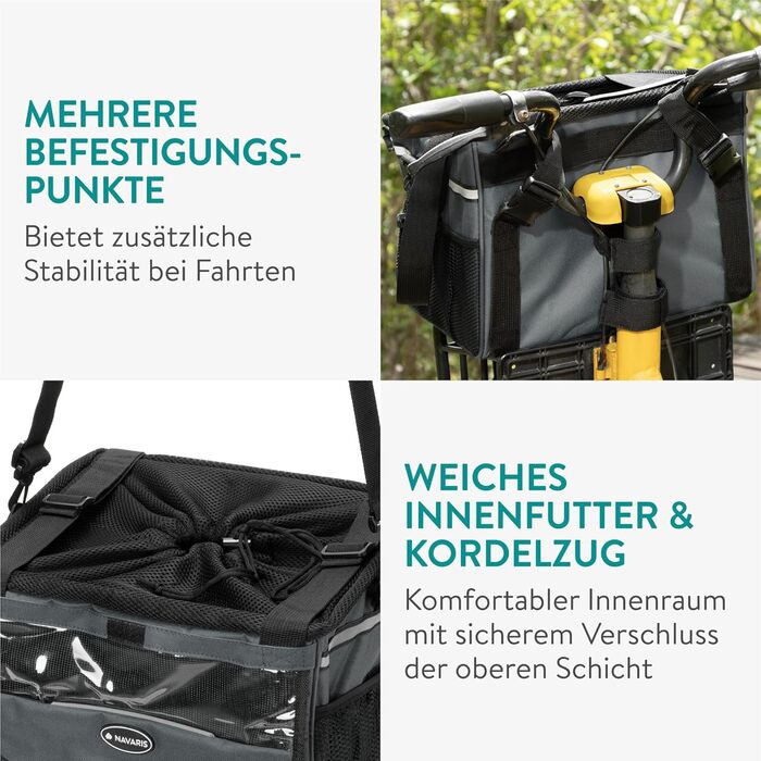 Корзина для собак Navaris на велосипед - сіра, до 10 кг, з додатковими кишенями