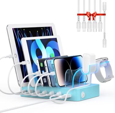 Зарядна станція SooPii USB 60W/12A, 6 портів, органайзер для декількох пристроїв з тримачем для Apple Watch, 6 кабелів (синій)