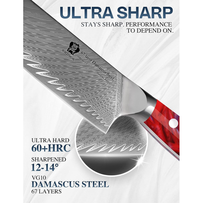 Ніж кухонний WILDMOK Santoku 17 см, професійний японський ніж з дамаської сталі VG10, червона рукоятка