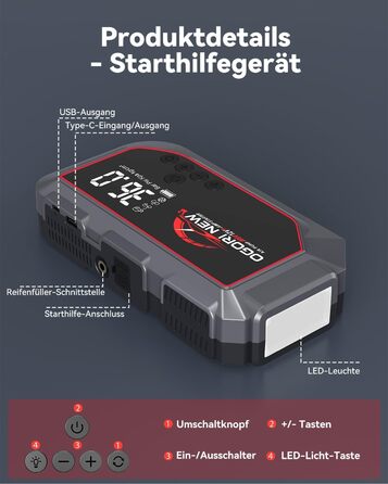 Портативний пусковий пристрій OGORI K33 з компресором 150 PSI та LED ліхтариком для автомобілів 12V (бензин 8L/дизель 10L)