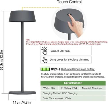 Акумуляторна LED настільна лампа Klighten з димером, сенсорна, металева, сріблясто-антрацитова (3000K) для спальні, ресторану