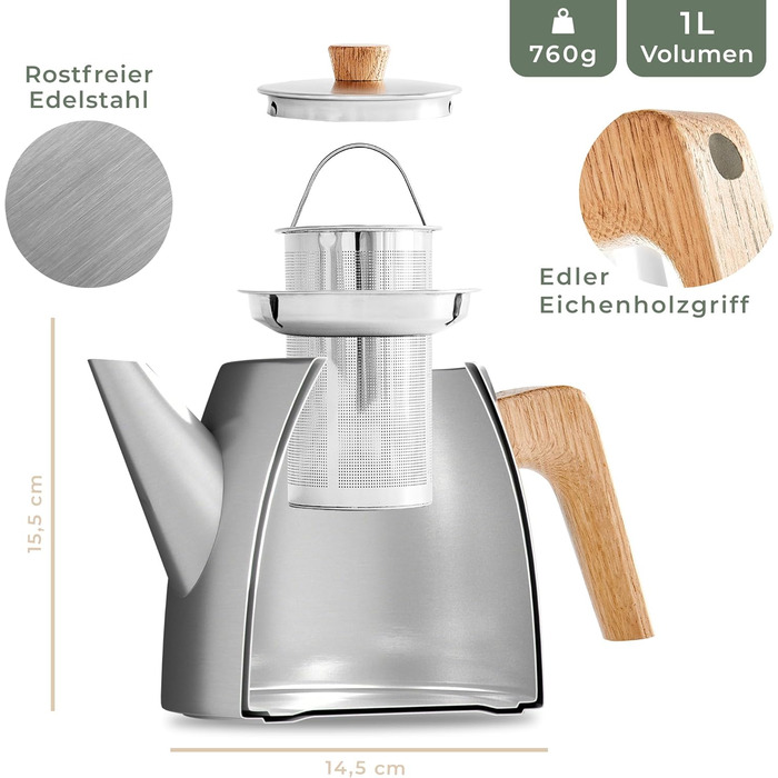WALDWERK Teapot with Infuser - Teapot Thermal Double-Walled - Teapot with Strainer made of 304 Stainless Steel - Tea Maker with Genuine Oak Wood Handles - Tea Pot 100% Drip-Free
