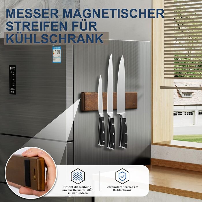 ENOKING Magnetic Knife Strip 26 cm, Magnetic Knife Block without Knives, Magnetic Knife Holder made of Acacia Wood with 2 Hooks