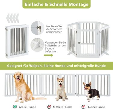 Захисне ґратка для собак COSTWAY, 6-секційне, з дверцятами, 80 см, з нержавіючої сталі та дерева, для каміну/сходи, біле