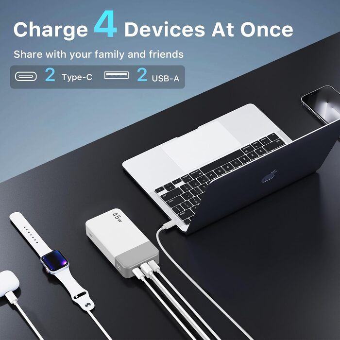 Повербанк NOBIS Power Bank 20000mAh 45W з цифровим дисплеєм та кабелем USB-C, швидка зарядка для смартфонів, планшетів та ноутбуків (Білий)