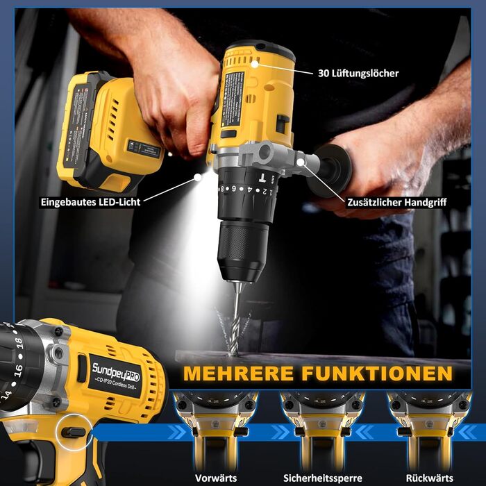 Акумуляторний ударний дриль-шуруповерт 21V - 120Nm безщітковий, комплект з 2 акумуляторами 4Ah, 20+3 ступені крутного моменту, патрон 13 мм, 2 швидкості, 35-елементний набір аксесуарів