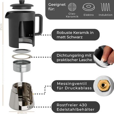 Stone Age Design Ceramic Espresso Maker (300ml) - Espresso Maker Induction suitable for all stovetops - Moka pot with stainless steel base and ceramic pot - Stainless steel espresso maker