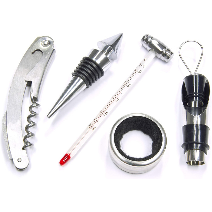 Набір аксесуарів для бару BRUBAKER 6-в-1 з ящиком для вина - дизайн з благородного дерева - набір сомельє з нержавіючої сталі з виливальником + пробкою + термометром для вина + кільцем від крапель - подарунковий набір сріблястого кольору