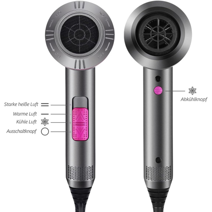 Іонізатор для волосся Faszin Föhn: професійний фен з AC-двигуном, 2 швидкості та 3 режими нагріву, кнопка холодного повітря, насадка-дифузор та 2 концентратори (чорний/білий)