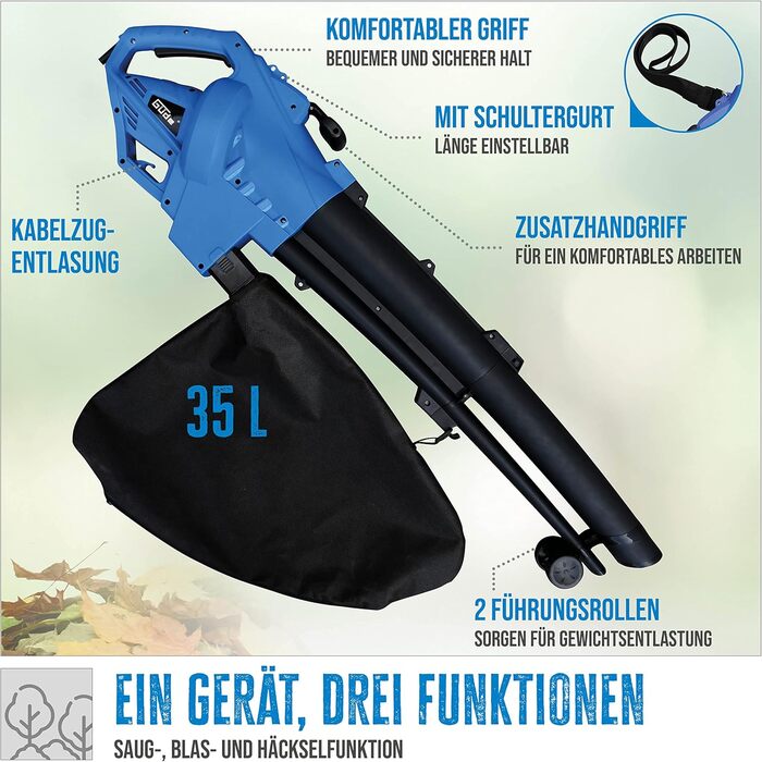 Güde 94381 Leaf Blower GLS 3000 Vario (230 V, 3000 W, variable speed setting, suction, blowing, and shredding function)