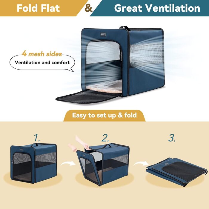 Транспортна переноска для собак Petsfit, складна, з м'якою підстилкою, синього кольору, розмір M (61x46x53.5 см)