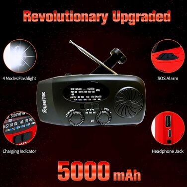 Радіо NOAA iRonsnow 5000 mAh: радіо для надзвичайних ситуацій, FM/AM, з ручним заводом, сонячне, з SOS, ліхтарик 1W LED, зарядка для телефону, чорне