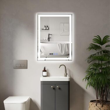 Дзеркало для ванної кімнати YU YUSING з підсвічуванням 60x80 см, антизапітніння, 3 кольори світла, регулювання яскравості, LED, годинник, IP44, металевий каркас, вертикальне, срібне