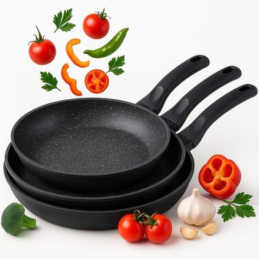 Набір сковорідок 3er – 20см, 24см, 28см – антипригарне покриття, сковорода для смаження – індукційне дно & PFOA-free – чорний гранітний дизайн