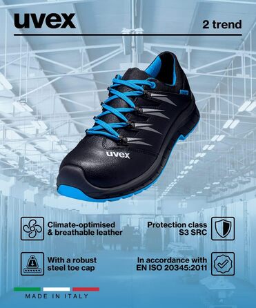 Робочі черевики Uvex 2 Trend S3 з металевим носком для жінок та чоловіків, 51 EU, блакитно-чорні