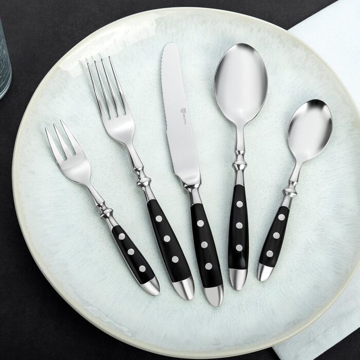 GRÄWE Stainless Steel Cutlery Set for 6 People, Heavy, Rustic, 30-Piece Table Cutlery Set, Forged Cutlery with Black Handles - Nuremberg Series 30-Piece | 6 People