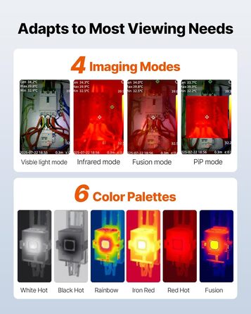 Тепловізор VEVOR з роздільною здатністю 320x240, термокамера з візуальною камерою 2MP, -20°C до 550°C, 4 режими та 6 колірних палітр