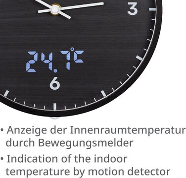 Bresser MyTime Radio-Controlled Wall Clock without Ticking Sounds, 24 cm Dial, LED Second Display, Indoor Temperature, and Silent Radio Clock Movement (Black)