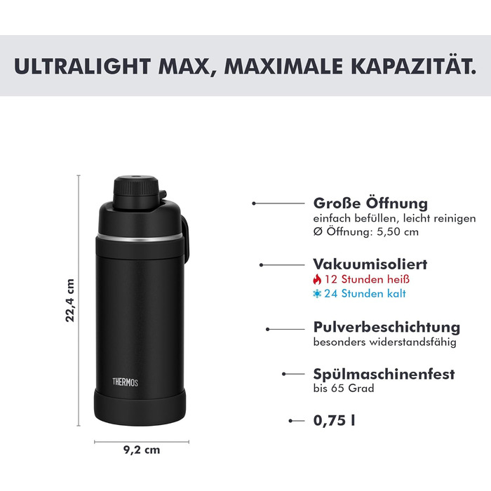 Термос Thermos Ultralight Max з ручкою, вакуумна пляшка з нержавіючої сталі 750 мл, матовий чорний (Charcoal Black Mat)