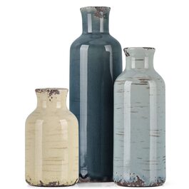 Набір керамічних ваз у 3 штуках, кольоровий, стиль кантрі, рустикальний, для декору полиці, столу, каміна, вітальні, кухні, прихожого. Кольори: сірий, блакитний, бежевий