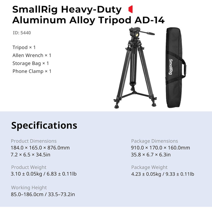 SMALLRIG Статив відеозйомки 73'' з алюмінієвого сплаву, 8кг, QR Plate Manfrotto 501PL, 186см