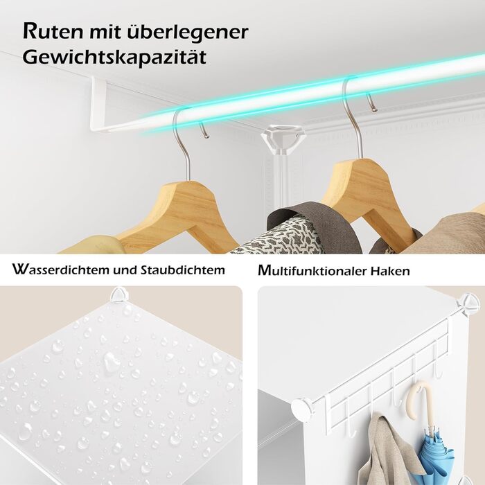 HOMIDEC Wardrobe, Portable Storage System, 20 Cube Closet made of Plastic with 2 Clothes Racks, Bedroom Wardrobe Closet White for Bedroom, 180 x 142 x 45cm (12 cube, All White)