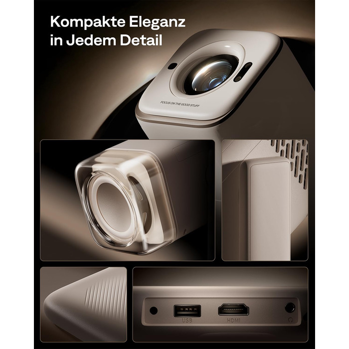 Smart проєктор Aurzen Boom Air Mini Beamer з Google TV та Netflix, 4K, USB-C, Dolby Audio, WiFi, Bluetooth, TOF автофокус, обертовий стійкий, кремовий