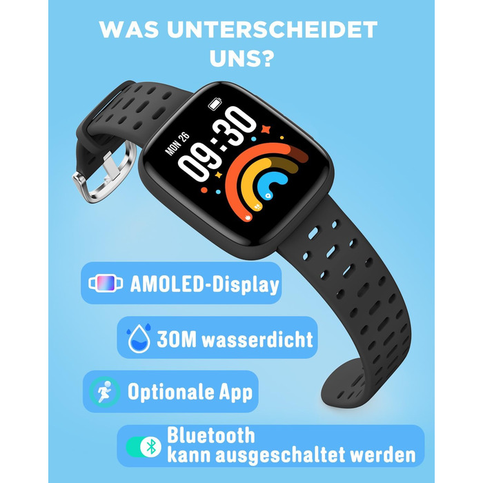 Смарт-годинник BIGGERFIVE для дітей з/без додатку, 1.8' фітнес-годинник, крокомір, пульсометр 24/7, будильник, водонепроникність 30м, монітор сну, пазли-ігри, 100+ циферблати для дівчаток, хлопчиків, підлітків 5–16, чорний