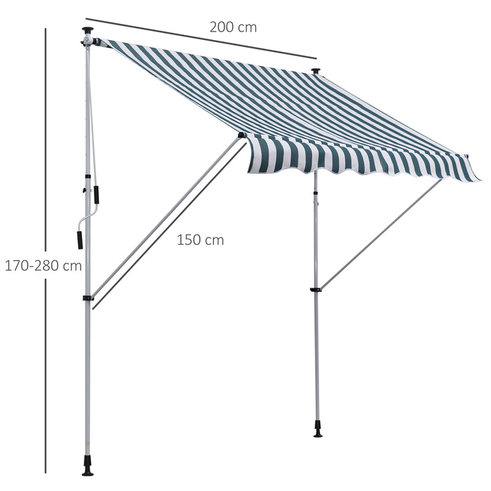 Outsunny Розкладна маркіза на кронштейнах, кріпиться затиском, 200x150 см, регульована по висоті, захист від сонця, складана, з ручним керуванням, для балкона, алюмінієва, зелена та біла