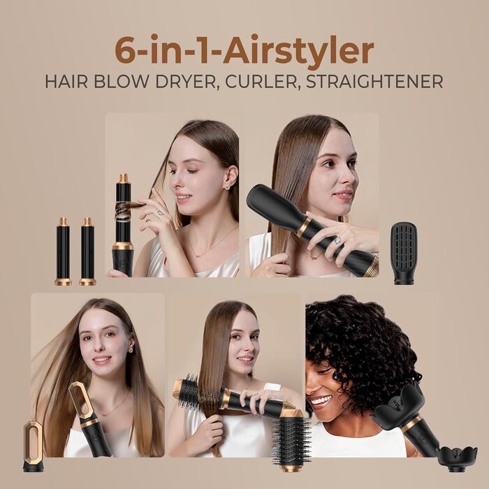 Air Styler 6 в 1: Набір для укладки волосся з фен-щіткою, дифузором та плойкою. Чорний