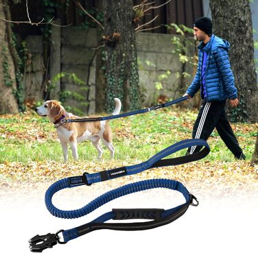 Міцна тактична повід для собак з карабіном швидкого закриття та світловідбиваючими нитками, 1,2-1,8 м Power-Stretch повід для середніх та великих собак (Морський колір та Чорний)