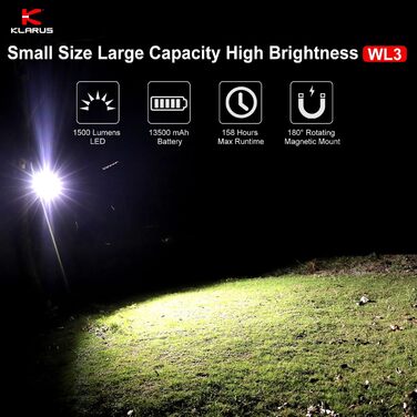 Klarus WL3 Camping Light, 13500 mAh High Capacity Rechargeable Work Light, 1500 lm 6 Modes Camping Lantern, Magnetic Base, Hook Function, IPX5 for Camping, Night Fishing, Workshop