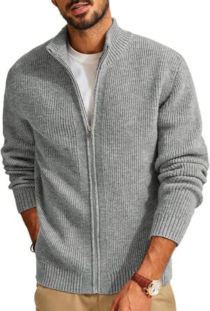 Чоловіча в'язана куртка-трікжак PJ PAUL JONE з коміром-стійкою та блискавкою, світло-сіра (L)