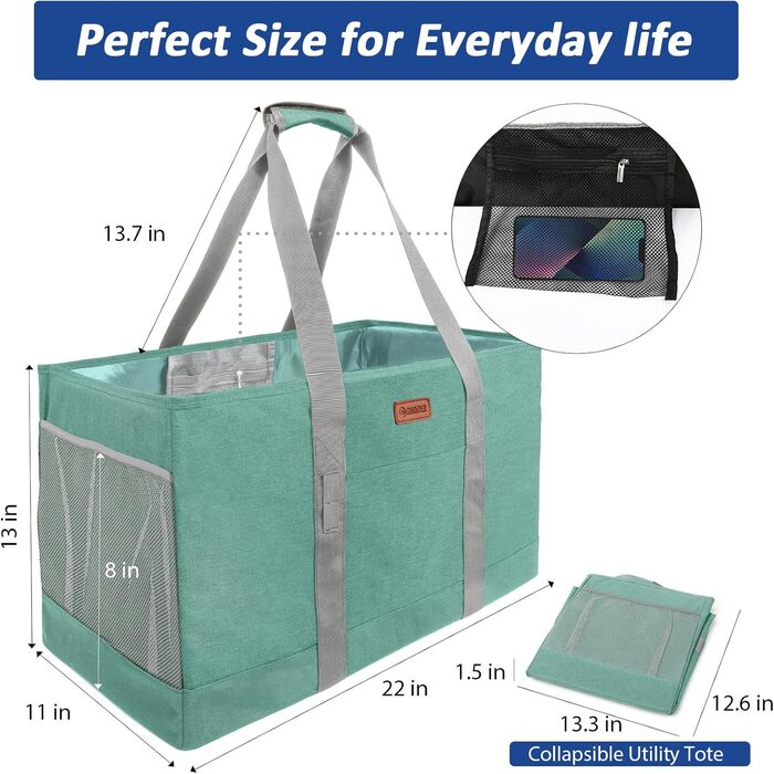 MHOMER Reusable Upright Grocery Bags - Extra Waterproof Large Tote Bag with Reinforced Bottom, Foldable Shopping Bags (Green)