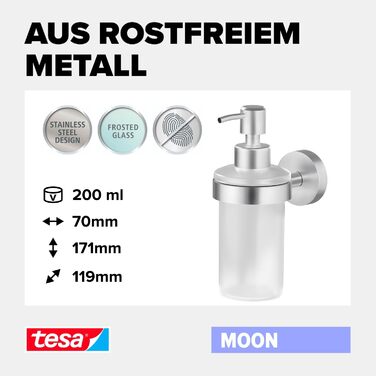 tesa Moon Soap Dispenser Set, satinized glass and chrome-plated stainless steel - Wall-mounted liquid soap dispenser without drilling, incl. adhesive solution - 109 mm x 70 mm x 156 mm