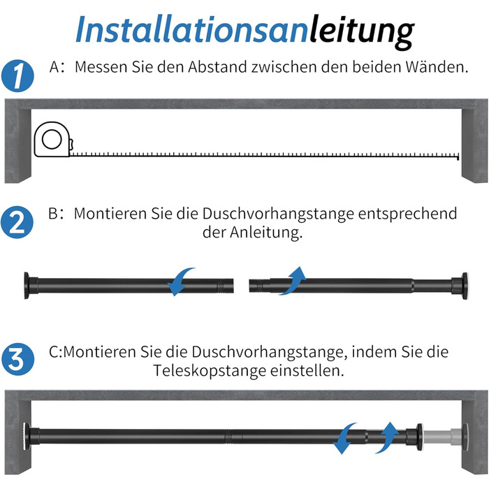 Штанга для душу без свердління, штанга для ванни, нержавіюча сталь, телескопічна, 70-195 см, чорна