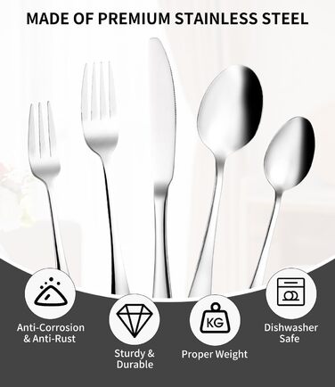 Xespis Cutlery Set 12 People, 60-Piece Stainless Steel Cutlery Set, with Steak Knives, Elegant Dinner Cutlery, High-Gloss Polished and Dishwasher Safe, with Knife Fork Spoon, for Home, Party, Restaurant