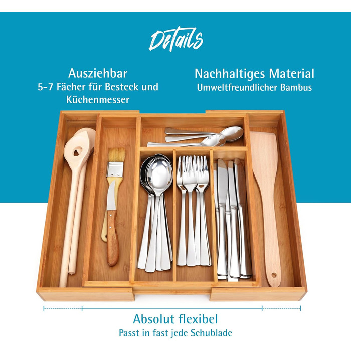 Органайзер для столових приборів Gräwe з бамбука для кухонних шухляд, змінний, розсувний 28.5-40.5 см, дерев'яний вигляд