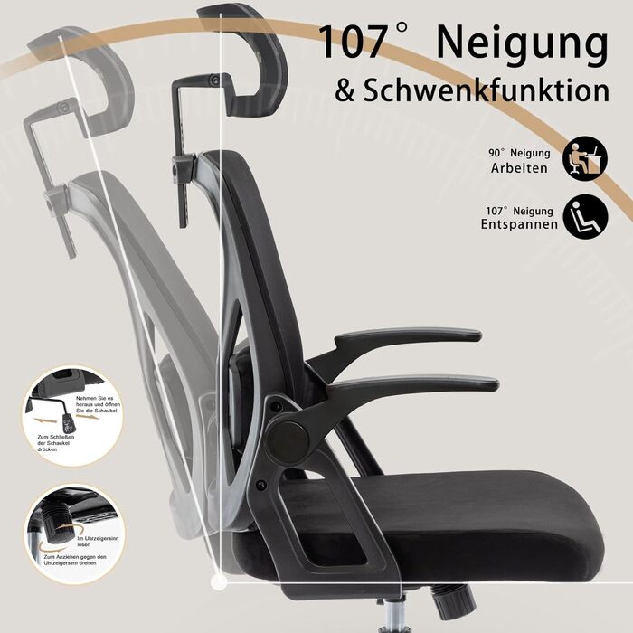 Ергономічне крісло для офісу Symino: регульована спинка, підголівник, підлокітники, 150 кг, чорний