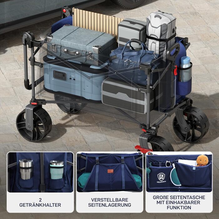 Візок-садок EVER ADVANCED XXL 225л (до 150кг) з гальмами, дахом, колесами 20x8см – для кемпінгу, пляжу, покупок, транспортування тварин (Синій, Великий)