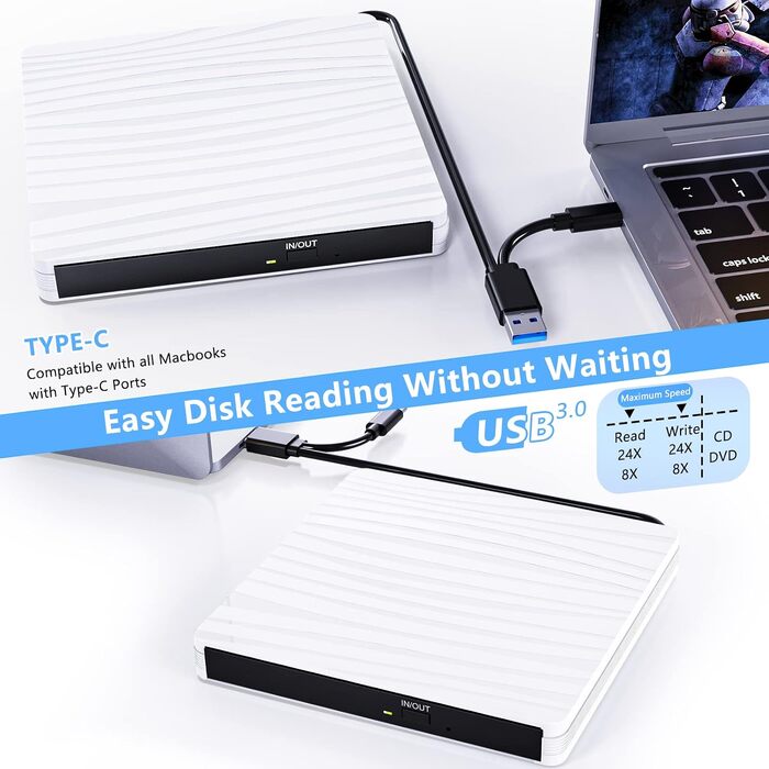 Зовнішній DVD-привід USB 3.0 та Type-C, портативний CD/DVD+/-RW записувач для ноутбука, ПК, MacBook, Windows, MacOS, Linux (Білий)