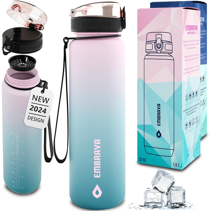 Embrava Best Sport Water Bottle - 1000ml - fast-flowing, flip-top leak-proof lid that opens with a click - non-toxic, BPA-free & eco-friendly Copolyester-Tritan plastic (Blossom Breeze)
