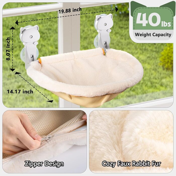 Window perch for cats, foldable & stable cat beds - Breathable cat window hammock for monitoring, sunbathing and climbing - holds up to 18kg maximum (faux fur rabbit, cream)