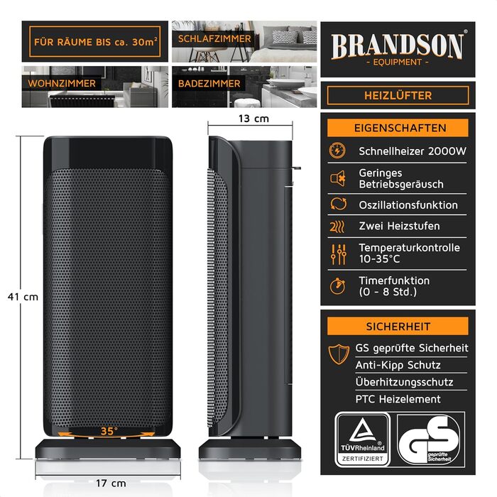 Керамічний обігрівач Brandson 2000W, тихий, енергоощадний, з дистанційним керуванням, холодний режим, 2 потужності, осциляція, для офісу, вітальні, спальні, чорний