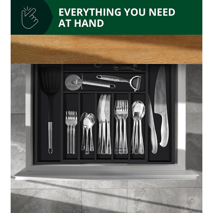 Органайзер для столових приборів ROYAL CRAFT WOOD з бамбука (9 секцій, чорний) - Роздільник для ящиків, тримач для кухонного приладдя